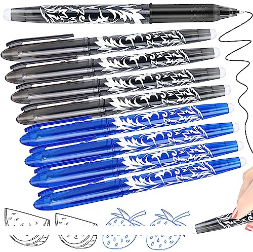 Artbiu 8 Erasable Pens Black Blue, Rub Out Pens Ink Eraser Pen with Rubber, Friction Pen with Rubbers on the End, 0.5mm Erasable Gel Biro for Writing
