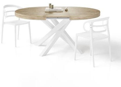 MOBILI FIVER, Runder ausziehbarer Tisch Emma, 120-160 cm, Eiche mit gekreuzten Weißen Beinen, Made In Italy