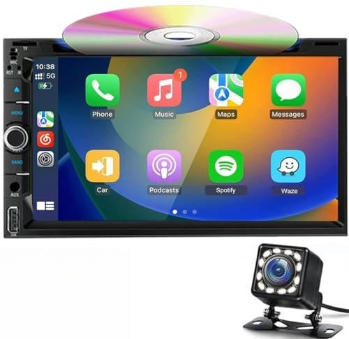 Autoradio Double Din per Wireless Carplay & Android Auto, display touchscreen da 6.95“,lettore CD/DVD controllo vocale/telecamera di retromarcia/Bluetooth 5.2/MirrorLink/SWC/RDS/AM/FM/USB/AUX/MIC/DSP