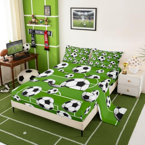 Castle Fairy Football Game Bed Sheet Set Queen Size Soccer Ball Sports Sheet Set Black White Hexagon Sheets for Boys Girls Bedroom Green Court Bedding Set with Flat Sheet Fitted Sheet Pillowcase 4Pcs