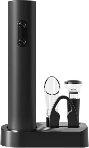 ELMWAY VinoLux Series Electric Wine Opener Set by ELMWAY – Battery Operated Corkscrew with Storage Base, Foil Cutter, Wine Aerator Pourer & Vacuum Stopper, for Wine Lover – Black (4 AA Required)