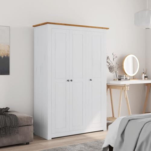 Willood Kleiderschrank 3-Türig Weiß 118×50×171 5 cm Kiefer Panama Serie Kleiderschrank geeignet für Schlafzimmer Wohnzimmer Flügeltüren mit Schienen