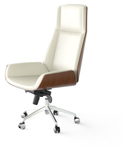 Fohfurniture Chaise de Direction de Luxe en Cuir PU et Bois, pivotante et réglable, Chaise de Bureau au Design rétro et Vintage pour Salle de conférence et Bureau à Domicile (Blanc)
