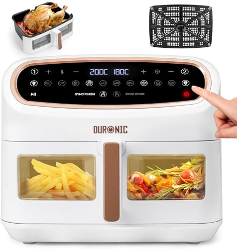 Duronic XXL Digital Air Fryer AF14 WE 10L Family Size Air Fryers Double Drawer 10in1 Dual Zone Extra Large AirFryer with window for Cooking with Dishwasher Safe Non-Stick Basket White