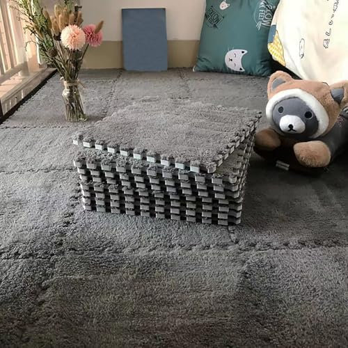 10 Stück Plüschschaum-Bodenmatte，puzzleteppich，verdickt Flauschige Teppichfliesen,Spielteppich für Kinder，Rutschfest und sturzsicher，waschbar，Geeignet für Wohnzimmer,Schlafzimmer,Kinderzimmer，30*30 cm