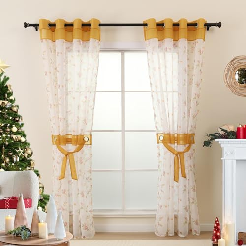 L.Z.E Voile Gardinen Transparente Gold Weiß Vorhänge mit Blumen Muster für Wohnzimmer Schlafzimmer Kinderzimmer 274 cm Extra Lang 2er Set Gardine Vorhang mit Ösen Geblümte Deko Schal mit Zierbändern