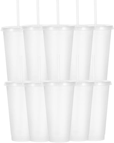 Yisituo Lot de 10 gobelets réutilisables en plastique de 710 ml avec couvercle et paille, gobelets de voyage pour adultes, fête de Madame et plage, réunions à la piscine (paillettes transparentes)