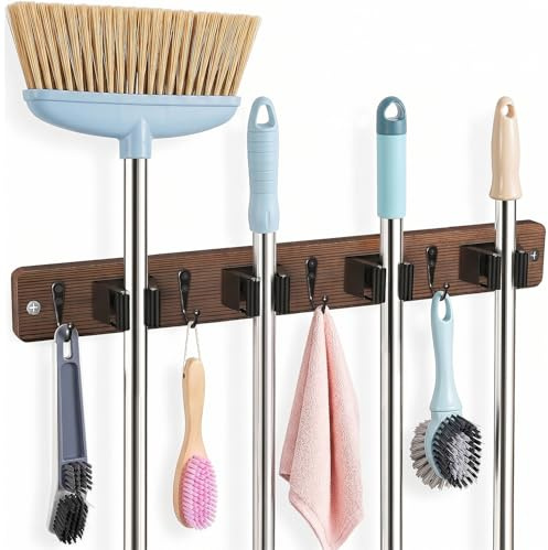 AceMining Besenhalterung Wand, 4 Halter und 4 Haken Gartengerätehalter, Gerätehalter Holzhalter, Besenhalter mit rutschfestem Gummi, Besenhalterung mit Nagelmontage, Gartengeräte Aufhängung