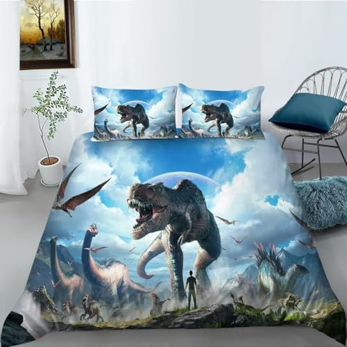 ZZTBQ Tiere Muster Bettwäsche-Set für Kinder 135x200 2teilig Dinosaurier Kinderbettwäsche 1 Bettbezug 135x200 cm + 1 Kissenbezüge 80X80 cm, T-Rex Dino Kinder Bettwäsche-Sets mit Reißverschluss