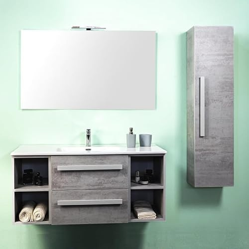 Yellowshop| Mobile Bagno Sospeso 120 cm – 2 Cassetti con Toletta, Lavabo, Colonna, Specchio e Applique – Design Moderno, Finitura Cemento Chiaro (Composizione Completa con Colonna)