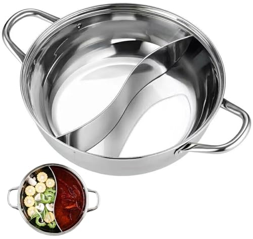 Pentola calda in acciaio inossidabile con divisore, pentola da cucina a hotpot da 11 pollici con doppia maniglia, shabu shabu, hotpot facile pulito per la stufa a gas per cuocir induzione, acciaio
