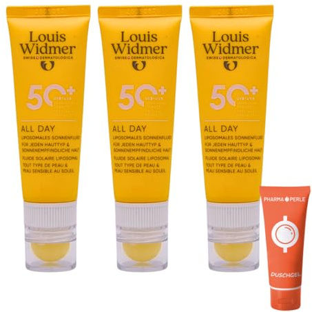 Louis Widmer All Day 50+ mit Lippenpflege Stift 3x 25 ml I Sonnenschutz für empfindliche Haut & Lippen LSF 50 I wasserfest & pflegend I ideal für unterwegs I Spar-Set plus Pharma Perle give-away