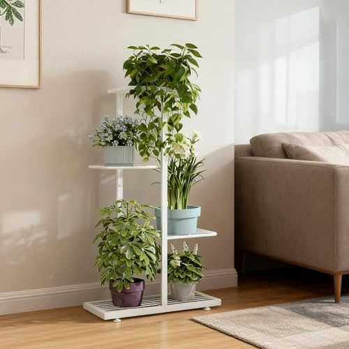 KATLKIU Corner Plant Stand Indoor, 4 Tier Narrow Metal Plant Shelf for Small Spaces, Stable Freestanding Flower Display Rack with 10 Saucers for Living Room Bedroom Balcony – White