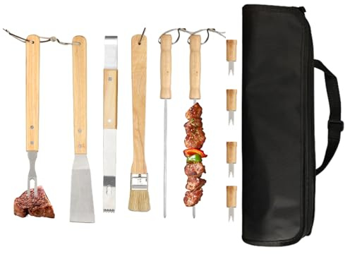 Kit Barbecue,10 Pièces Ensemble D'Outils De Grill avec Sac De Transport - Ustensiles de Cuisson Portables en Acier Inoxydable avec Spatule et Pince pour Voyage, Anniversaire et Jardin