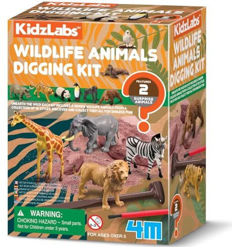 4M 00-03481 KidzLabs Utgrävningssats för vilda djur – 2 realistiska överraskningsfigurer mellan elefanter, tigrar, giraffer och Zeber – pedagogiskt spel om arkeologi och natur för barn