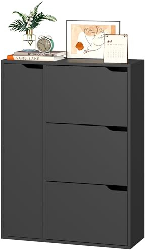 IRONCK Schuhschrank mit 3 Klappen, Schuhkipper Schmal mit Tür, Schuhregal Flur freistehend, Schuhkommode mit verstellbaren Trennwände, Schuhablage Schrank für Eingang Wohnzimmer, 77x30x112cm (Schwarz)