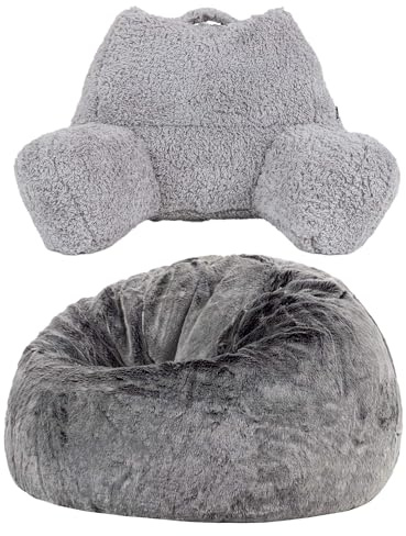 icon Kingston Faux Fur Bean Bag and Cushion with Filling Included, Grey | Made in the UK, Adult Beanbag, Comfy Chair, Reading Pillow, Soft Plush Fabric, For Lounge and Bedroom