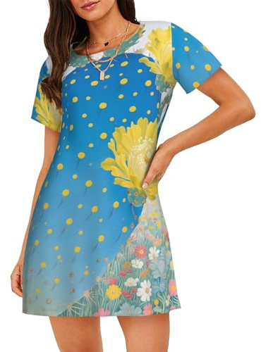 Zelinge Blå kaktus gul blomma kvinnor nattklänning sömn t-shirt sovklänning dam nattkläder X-Large