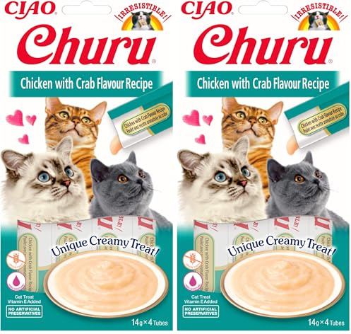 INABA Churu - Friandises pour Chats en Purée au Poulet et Crabe - Délicieux Snacks pour Félins - Texture Lisse et Onctueuse - Nourriture pour Chats - 48 Tubes x 14g (Lot de 2)