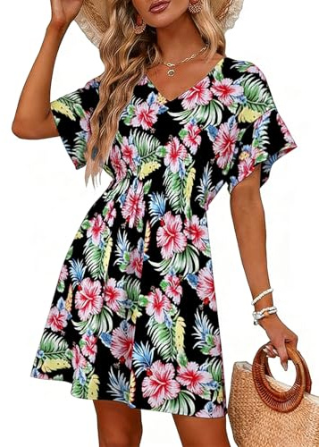 Vossmi Vestido de Playa Mujer Manga Corta Playa Traje de Baño Suelto Cuello en V Cover Up Cordón en La Cintura Bikini Vestido de Vacaciones Estilo Holgado Chiffon Ropa de Playa