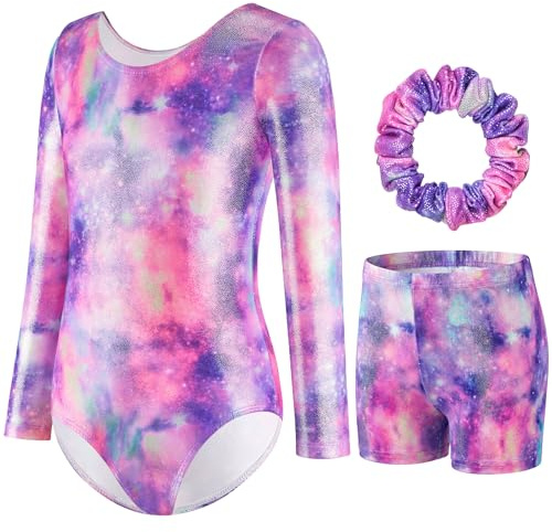 FILOWA Gymnastikanzug für Mädchen Dreiteilige Turnanzug Set, 3-14 Jahre | Langarm, Ärmellos, Shorts und Haargummi, Kinder Turnbody, Glitzer, Farbverlauf Trikot, Gymnastik Outfit, Wettkampf Leotard