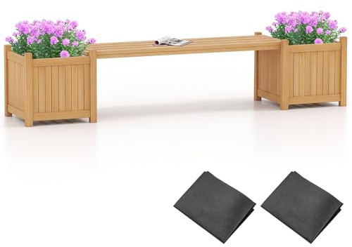 TANGZON Wood Planter Box with Bench, Raised Garden Bed with Seat & Open-ended Base, Outdoor Flower Planter Kit Patio Decor Bench for Garden Yard Balcon (Natural,2 Planter Box, 170 x 35 x 35 cm)
