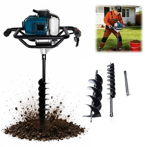HUOMMGS Ahoyadora Gasolina | 52CC 1,7KW | 2,3CV | 2 Tiempos Motor | 100/200mm Broca | 305mm Prolongador | Barrena para Tierra Compactadora De Tierra Ahoyadora Manual Ahoyador para Huerto