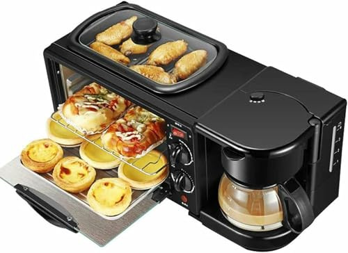 3-in-1 Breakfast Station with Coffee Maker, Non-Stick Griddle, and 4-Slice Toaster Oven, Multi-Functional Cooking Machine for Apartments