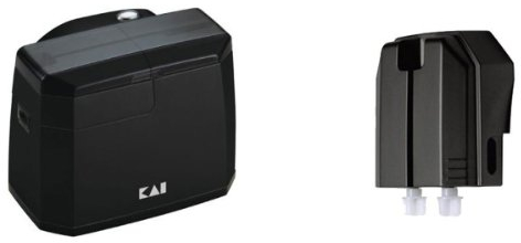 KAI Afilador de cuchillos eléctrico 15° ángulo AP-118S con unidad de afilado de cerámica, pies antideslizantes, dimensiones 13,8 x 11,1 x 10,5 cm Incluye unidad de pulido