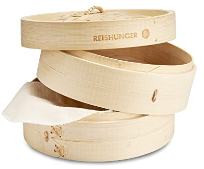 REISHUNGER Vaporera de bambú (Ø 20 cm, 2 pisos) para arroz, dim sum, verduras, pescado y carne, incluye 2 toallas de algodón, para 2 personas