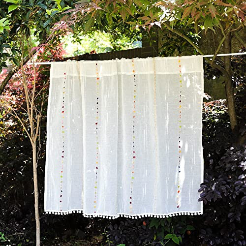 Devola Moderne Cáfe Gardine transparente Garn Scheibengardine farbige Linien Bistrogardine Küchenvorhänge Landhausstil Kurzgardine Elegant Balkongardine Kurzstore HxB 45x132cm Weiß 1 Stück