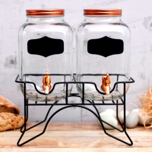 Vision4ever 2Pcs 3.9 Litre Double Glass Beverage Drinks Dispenser Screw Lid Jugs Tap Stand Easy to Use and Cleans (Rose Gold)