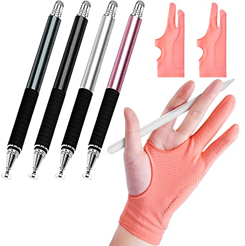 Stylus Pen for touch screens [4 Pack] with Pink 3-Layer Palm Rejection Drawing Gloves [2 Pack]