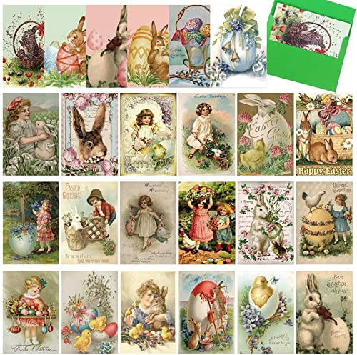 Confezione da 24 biglietti di Pasqua vintage assortiti divertenti per Pasqua, cartoline vintage vittoriane con buste, biglietti di auguri retrò con coniglietto per scuola, casa, ufficio, lavoro,