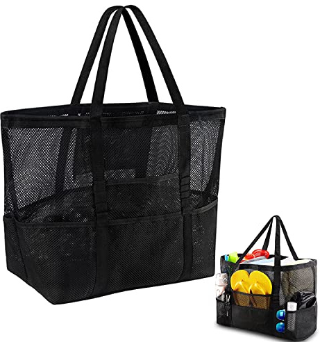 trabag Große Netz Strandtasche Familie- Mesh Badetasche Netztasche für Sandspielzeug Faltbare Handtaschen, mit Taschen und Reißverschluss,für Strand, Urlaub, Reise,Fitnessstudio (Schwarz)
