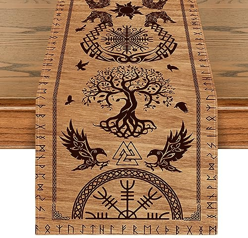 Artoid Mode Holz Wikinger Baum des Lebens Rabe Helm der Ehrfurcht Tischläufer, Saisonnal Tisch Dekoration Drinnen Urlaub Party Dekor 40x140 cm
