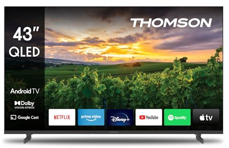 THOMSON 43 Pouces (109 cm) QLED Smart Android TV, Google Assistant, Wi-FI, Dolby Digital, Bluetooth, Triple-Tuner (Câble/Satellite/Antenne), HDMI, CI+, A+ Panneau – 43QA2S13