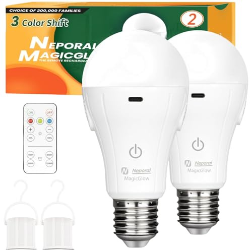 Neporal MagicGlow Rechargeable Light Bulbs with Remote, 3 Colors Shift + Dimmable Battery Powered Light Bulbs, USB Rechargeable, A19 Standard Emergency LED Light Bulbs, 15W, Up to 24 Hours, 2 Pack