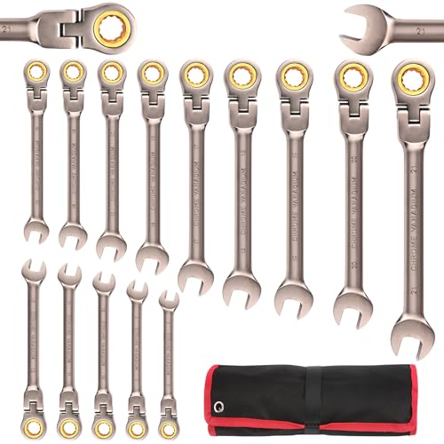 Etybetopstar 14-teiliges Flexkopf-Ratschenschlüssel-Set, metrisch, 8–21 mm, Ratschen-Ringmaulschlüssel-Set, 72 Zähne, Cr-V-Konstruktion, vernickelt, mit Organisationstasche