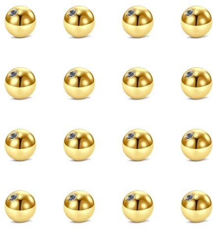 WillTen 16Pcs Piercing Kugel Gold, 3mm Piercing Kugeln 1,2 Zungenpiercing Kugeln, Piercing Zunge Bauchnabelpiercing Kugel für Industrielle Piercing Schmuck Nippel Piercing Schmuck Zunge Augenbraue