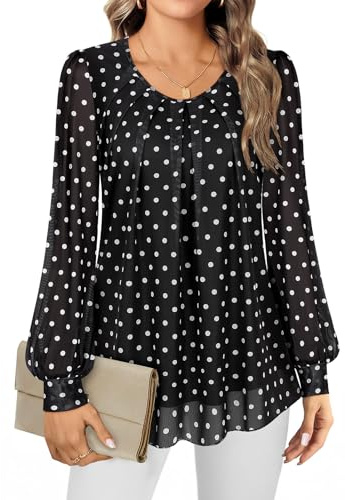 Gemulate Long Sleeve Tops for Women Crew Neck Loose Fit Ladies Tops Party Top for Women Chiffon Double Layer Ladies Floral Top Shirt - Black Dot, M
