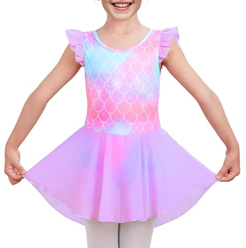 LUOUSE Elegant Girls Ballet Leotard with Skirt - Soft Stretch Fabric, Flutter & Ruffle Sleeves, Perfect for Dance, Pink Size 10-11T