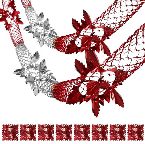 8PCS Guirlandes de Noël Rouge et Argent Tinsel Décorations Scintillantes à Suspendre pour Mural Porte et Fenêtres Noël Nouvel an