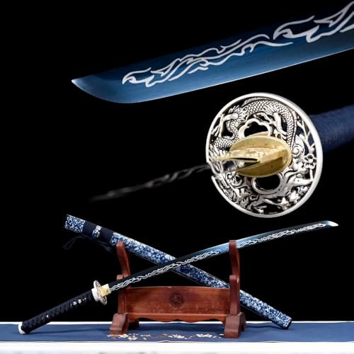103cm handgefertigtes Samurai Schwert,Klinge aus Manganstahl mit eingebrannter blauer Gravur,Scheide aus massivem Holz mit Lack,echtes Katana-Schwerts zum Verschenken,Sammeln,Kampfsport,Requisiten