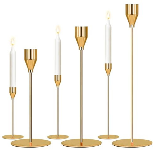 Shyllin Set di 3 Porta Candele da Tavolo 33/28/22cm, Portacandele Oro in Metallo, Candelabro Moderno, Portacandele Matrimonio Pranzo, Natalizio Candelabri (Gold)