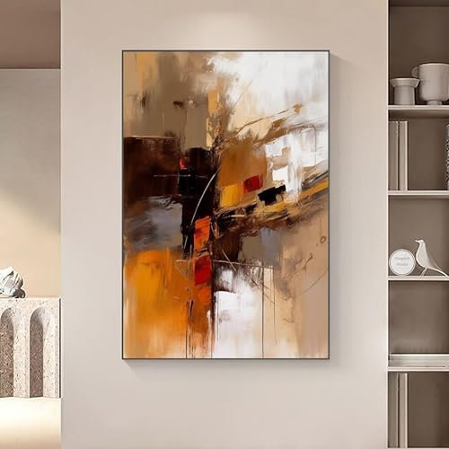 Peintures murales abstraites marron, impressions d'art mural à texture blanche, grandes images murales modernes sur toile orange pour salon 70x100cm (28x39in) cadre noir