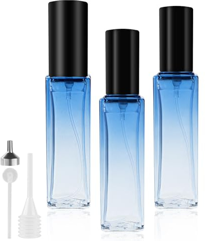 LOPHE Atomizador de perfume recargable, mini botellas de repuesto, botellas vacías de vidrio transparente, atomizador portátil con niebla fina para viajes diarios de negocios, 10 ml, 3 unidades, azul