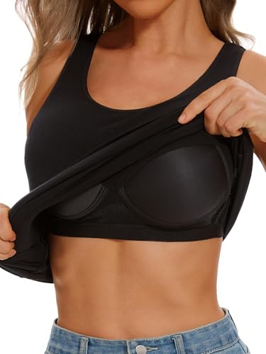 vislivin Damen Unterhemd BH-Hemd Basic Tank Top mit Integriertem BH Oberteil Ärmellos Ribbed Tanktop Black L