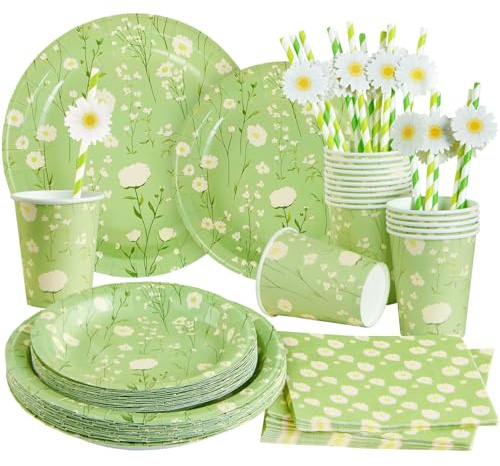 PATTEPOINT 80 Stück Gänseblümchen Deko Geburtstags, Grün Gänseblümchen Partygeschirr Set, Blumen Deko Geburtstag, Pappteller Blumen für Hochzeit Geburtstag Babyshower Deko