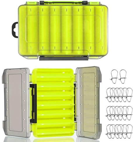 Laitejituan Caja de doble cara para señuelos de pesca con Conector Giratorio de Pesca, Caja de plástico para señuelos de pesca de 27 x 19 x 4,5 cm, 14 compartimentos cajas de pesca para accesorios